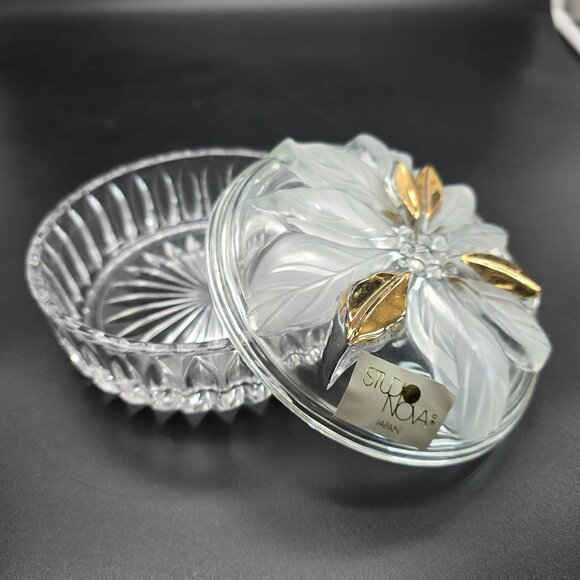 Studio Nova Crystal Dish Golden Poinsettia Floral Lid Japan JJ3974 - Picture 3 of 7